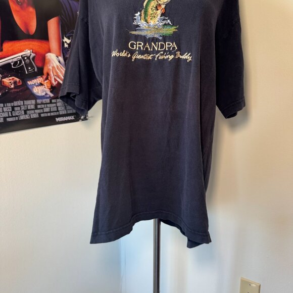 Vintage Embroidered Grandpa World's Greatest Fishing Buddy Navy Short Sleeve Tee - Picture 5 of 11